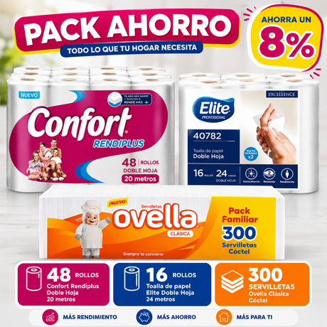 Pack Super Ahorro Papel Higienico Confort 6x20 + Toalla de Papel Elite 2x24 + Servilleta
