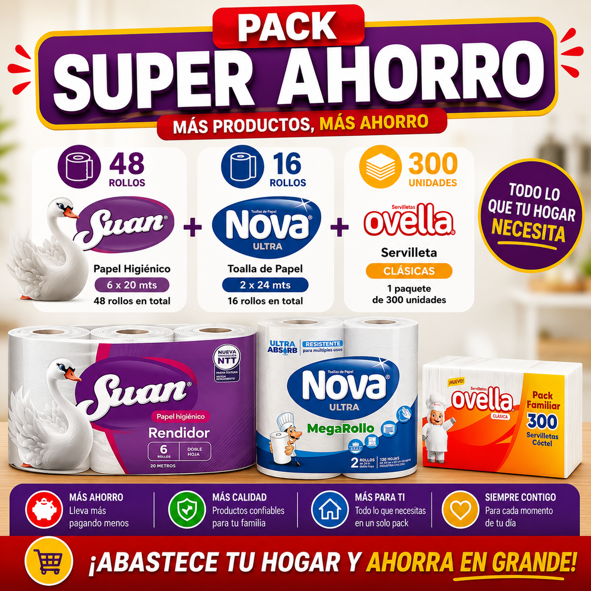 Pack Super Ahorro Papel Higiénico Swan 6x20 - 48 rollos+ Toalla de Papel Nova Ultra 2x24 - 16 rollos + 1 Servilleta 300 unid