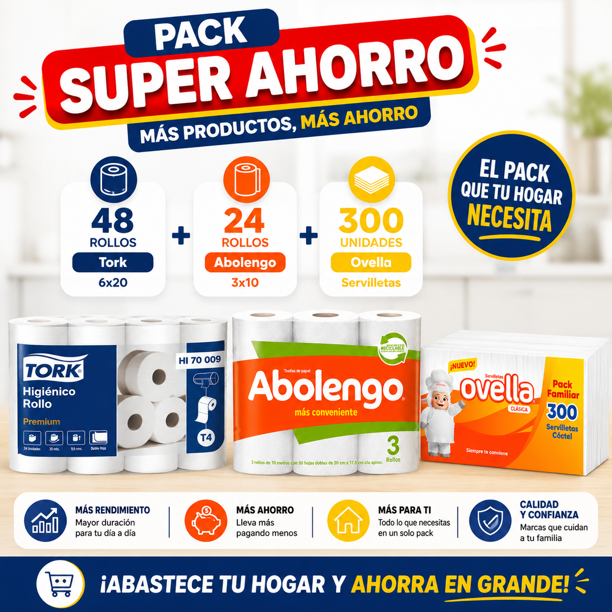Pack Super Ahorro Papel higiénico Tork 6x20 - 48rollos + Toalla de Papel Abolengo mini 3x10 - 24 rollos + Servilleta Ovella