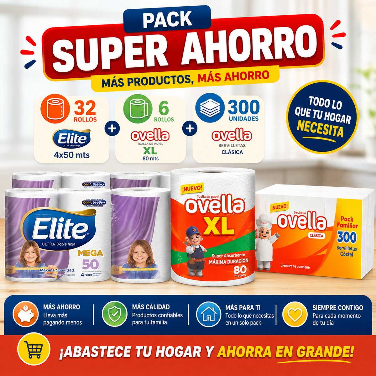 Pack Super Ahorro Papel higiénico Elite 4x50 mts - 32 rollos + Toalla de Papel Ovella XL 80 mts - 6 rollos + Servilleta