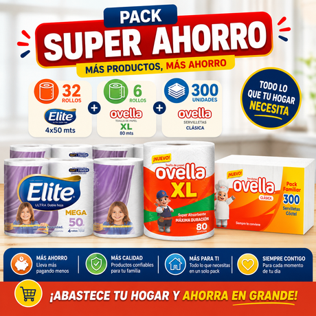 Pack Super Ahorro Papel Hig Elite 4x50 mts - 32 rollos + Toalla de Papel Ovella XL 80 mts - 6 rollos + Servilleta Ovella 300 unid