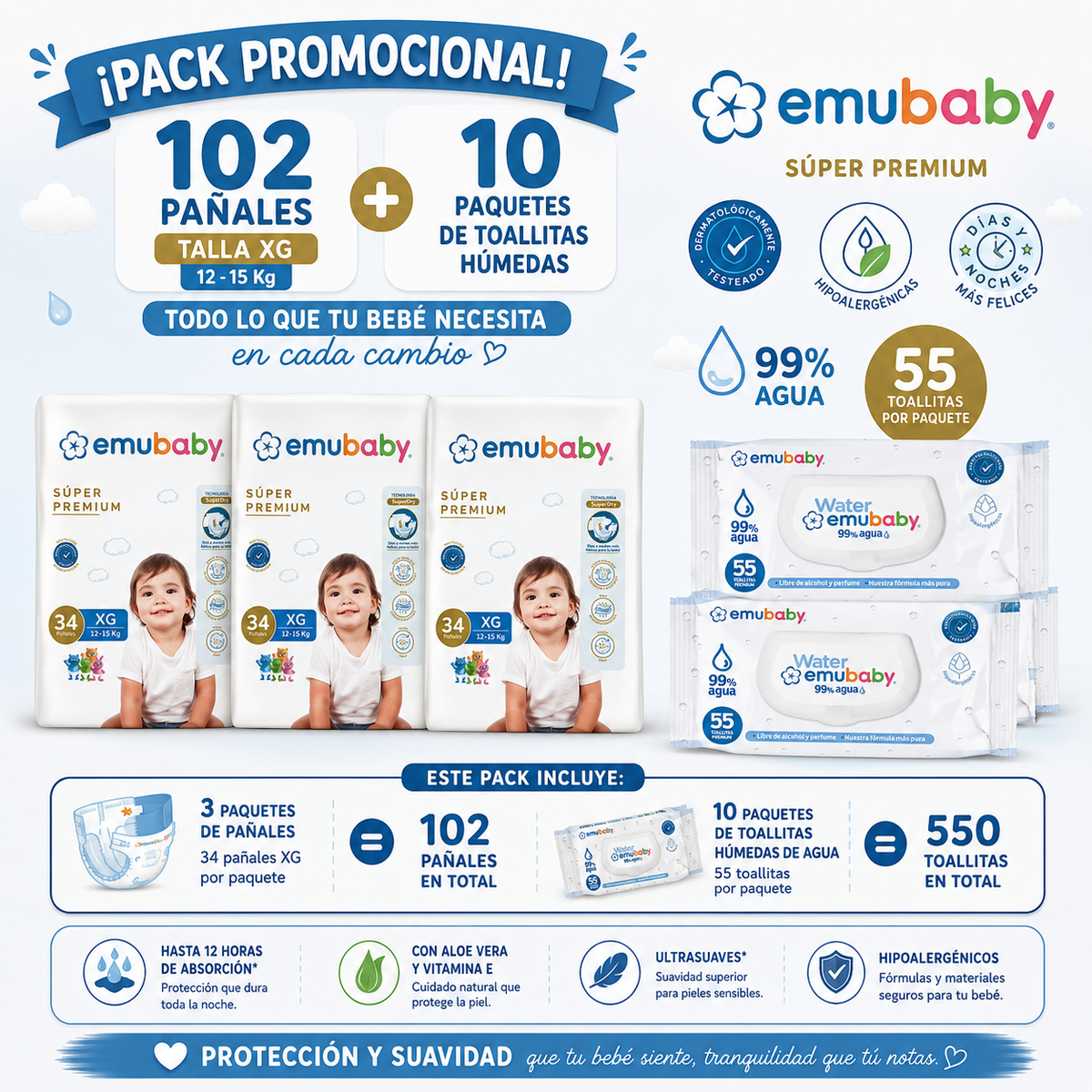 Pack Promocional Pañales Emubaby 102 pañales Talla XG + 10 Paquetes de Toallitas Humedas Emubaby Water 55 unid - Economicplus