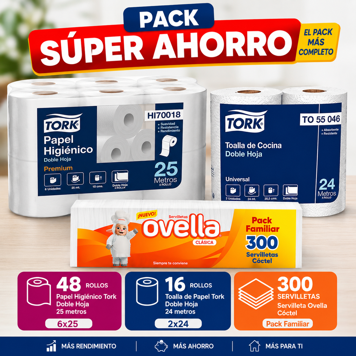 Pack Super Ahorro Papel higiénico Tork 6x25 - 48rollos + Toalla de Papel Tork 2x24 - 16 rollos + Servilleta - Economicplus