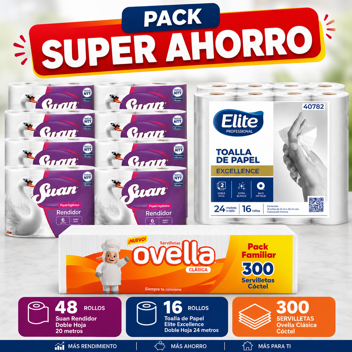 Pack Super Ahorro Papel Higiénico Swan 6x20 + Toalla de Papel Elite 2x24 + Servilleta - Economicplus