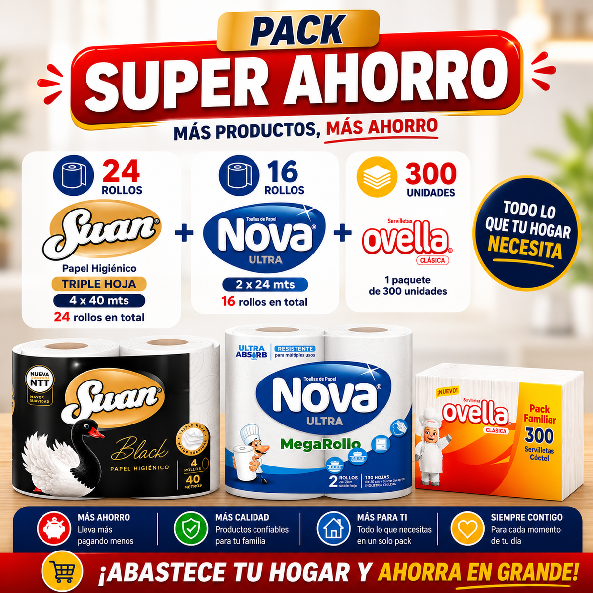 Pack Super Ahorro Papel Higiénico Swan Triple Hoja 4x40 - 24 rollos + Toalla de Papel Nova Ultra 2x24 - 16 rollos