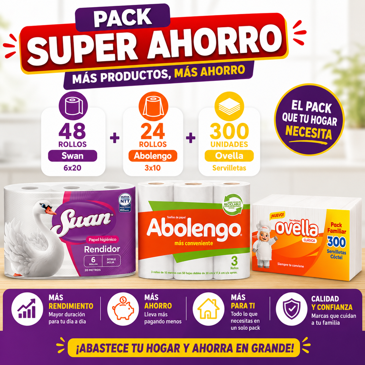 Pack Super Ahorro Papel higiénico Swan 6x20 - 48rollos + Toalla de Papel Abolengo mini 3x10 - 24 rollos + Servilleta Ovella
