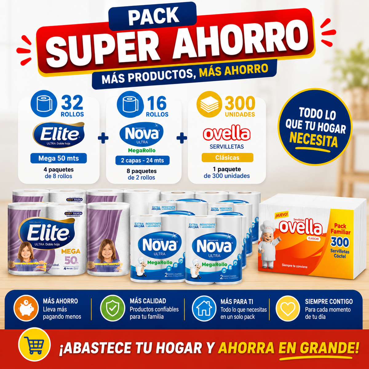 Pack Super Ahorro Papel higiénico Elite 4x50 mts - 32 rollos + Toalla de Papel Nova Ultrs 2x24 mts - 16 rollos + Servilleta