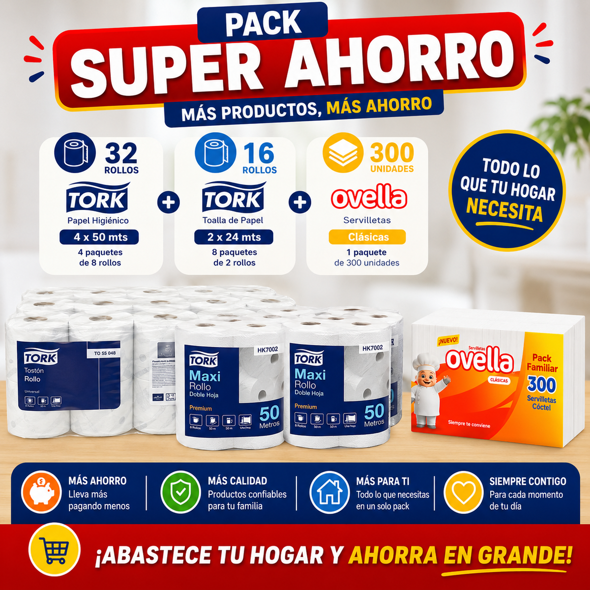 Pack Super Ahorro Papel higiénico Tork 4x50 mts - 32 rollos + Toalla de Papel Tork 2x24 mts - 16 rollos + Servilleta Ovella