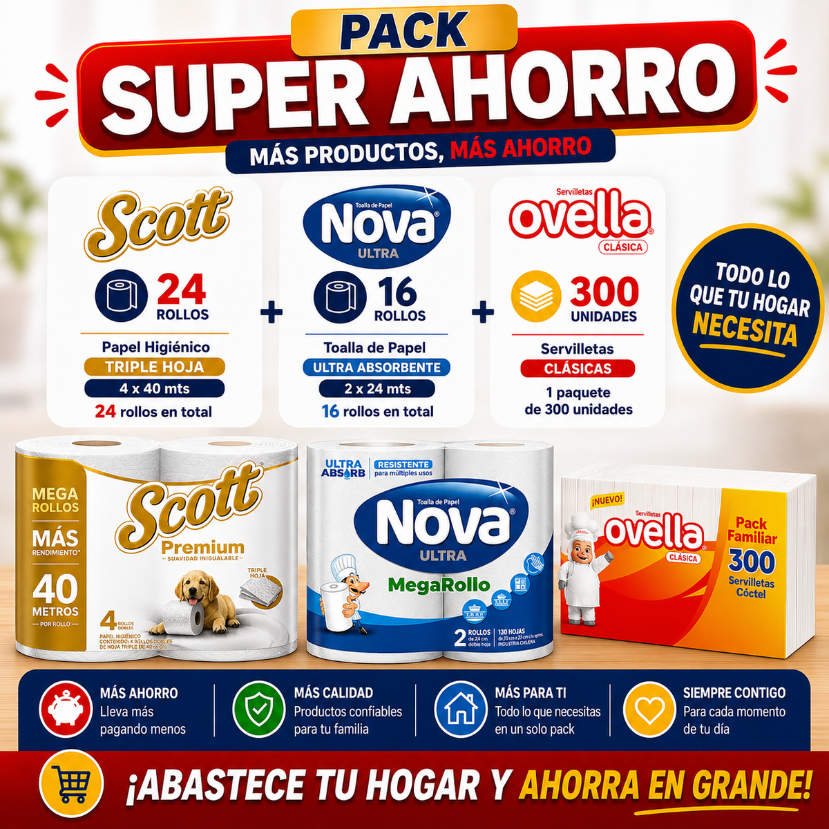 Pack Super Ahorro Papel Higiénico Scott Triple Hoja 4x40 - 24 rollos + Toalla de Papel Nova Ultra 2x24 - 16 rollos