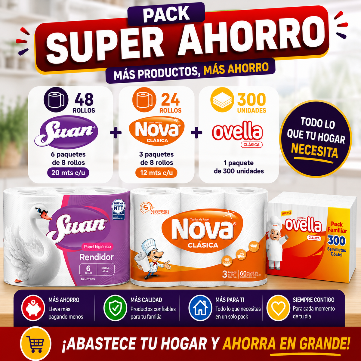 Pack Super Ahorro Papel Hig Swan 6x20 mts - 48 rollos + Toalla de Papel Nova 3x12 mts - 24 rollos + Servilleta Ovella 300