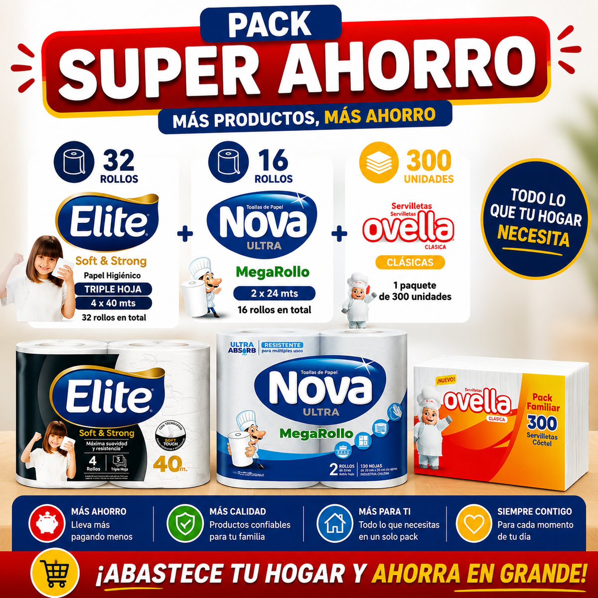 Pack Super Ahorro Papel Higiénico Elite Triple Hoja 4x40 - 32 rollos + Toalla de Papel Nova Ultra 2x24 - 16 rollos