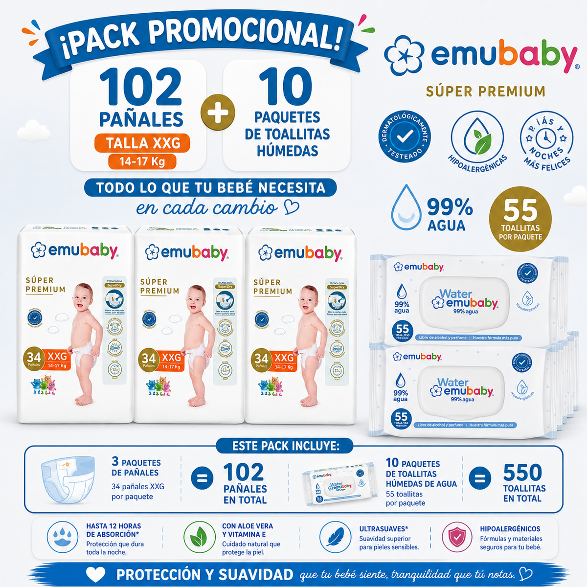 Pack Promocional Pañales Emubaby 102 pañales Talla XXG + 10 Paquetes de Toallitas Humedas Emubaby Water 55 unid