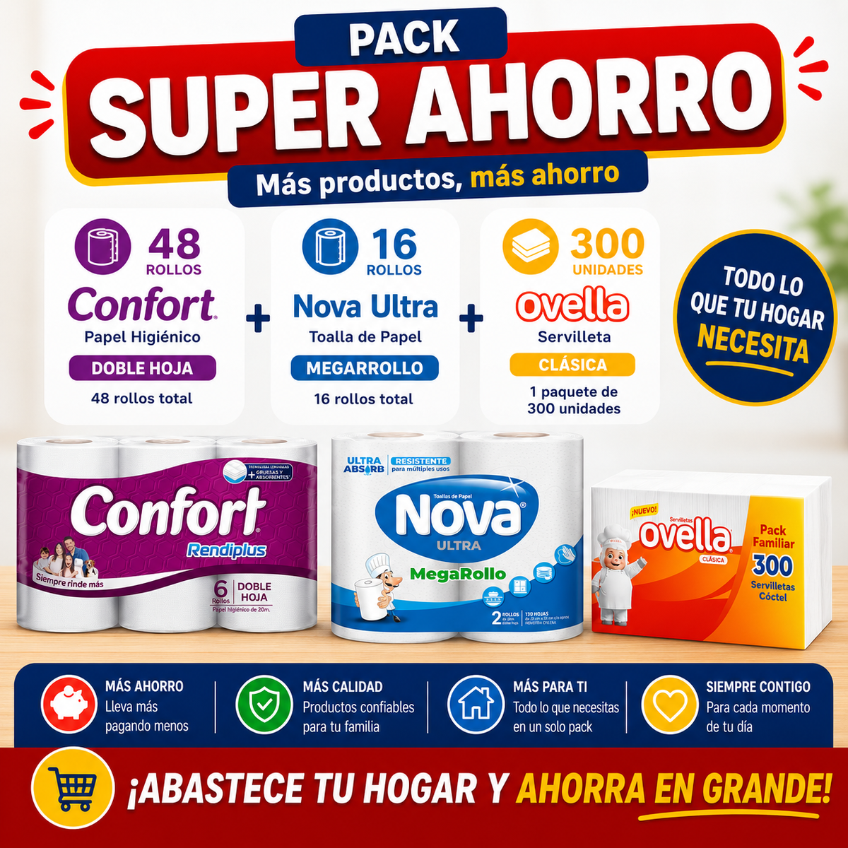 Pack Super Ahorro Papel Higiénico Confort 6x20 - 48 rollos+ Toalla de Papel Nova Ultra 2x24 - 16 rollos + 1 Servilleta 300