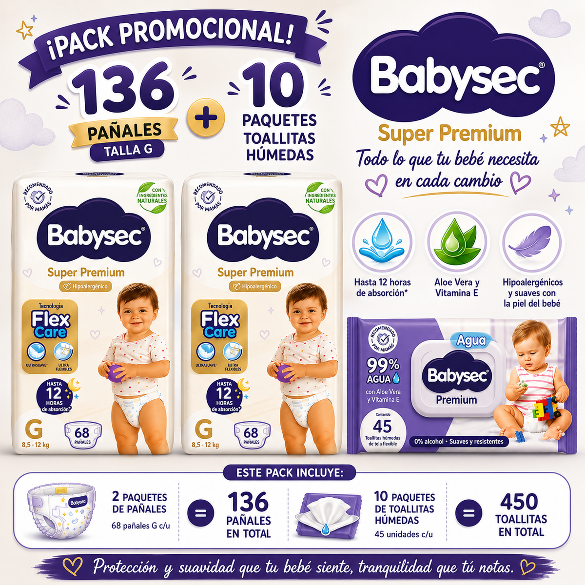 Pack Promocional 136 Pañales Babysex uper Premium G + 10 Toallitas Humedas Babysec Agua de 45 unid - Economicplus