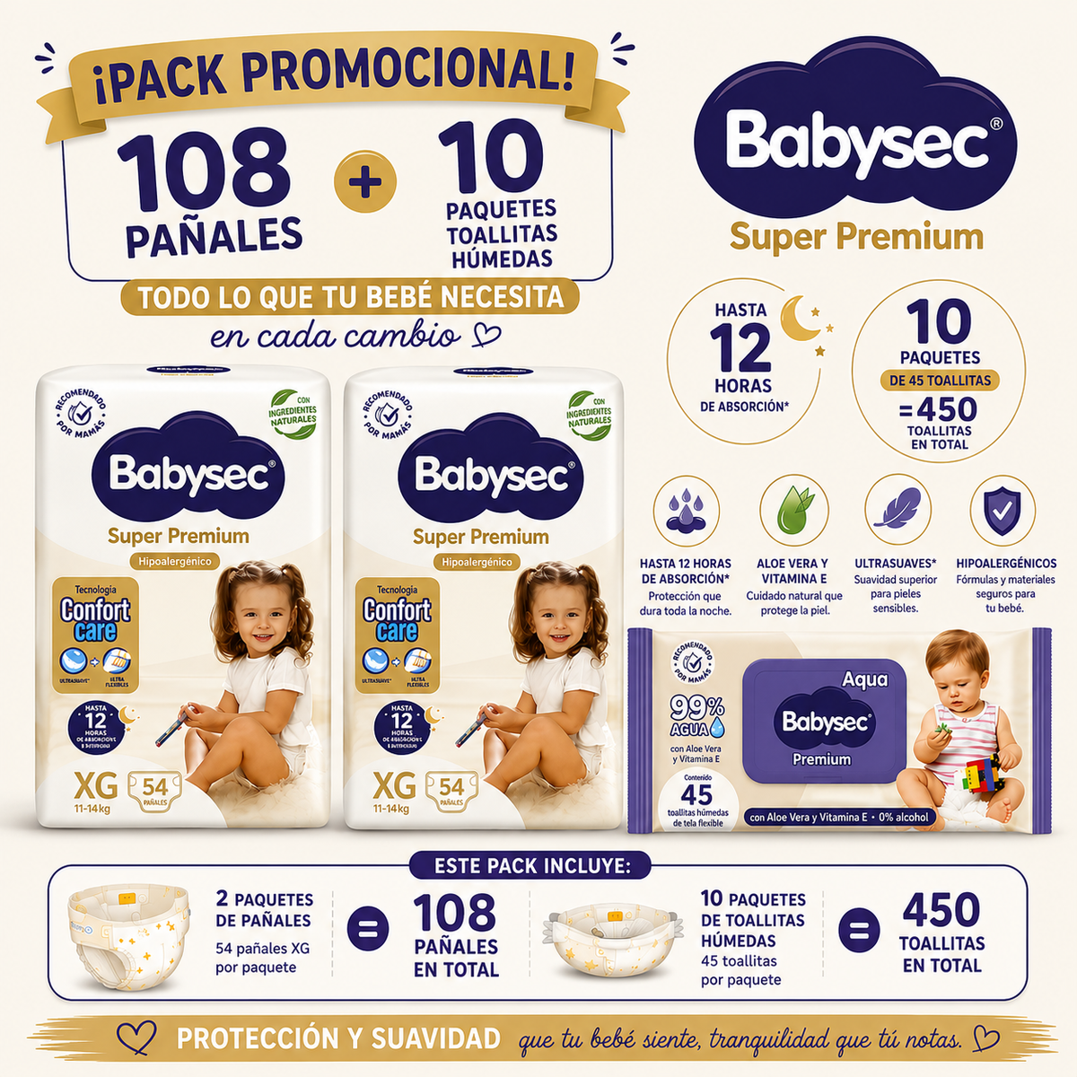 Pack Promocional 108 Pañales Babysec Super Premium XG + 10 Toallitas Humedas Babysec agua de 45 unid - Economicplus