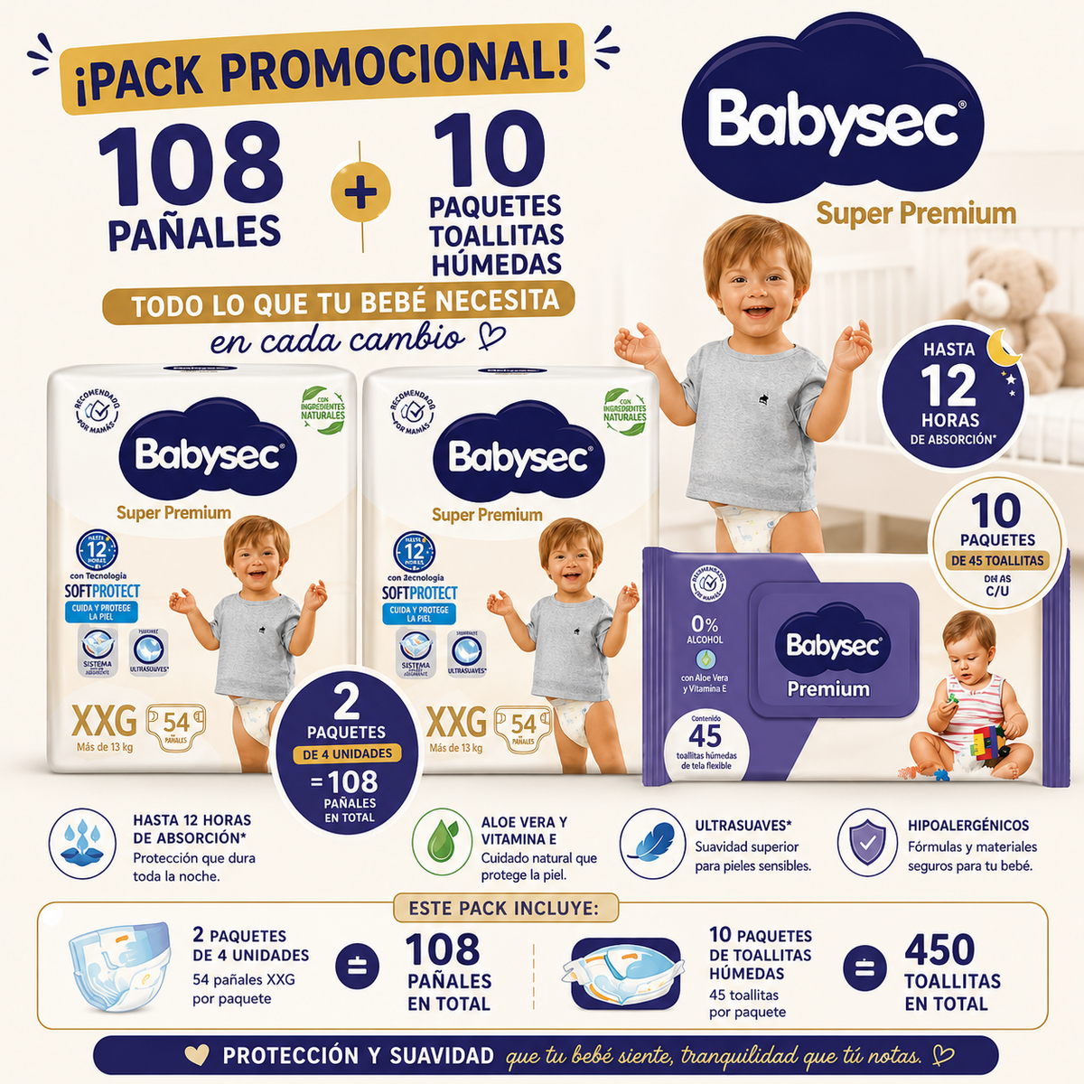Pack Promocional 108 Pañales Babysec XXG + 10 Toallitas Humedas Babysec agua de 45 unid - Economicplus