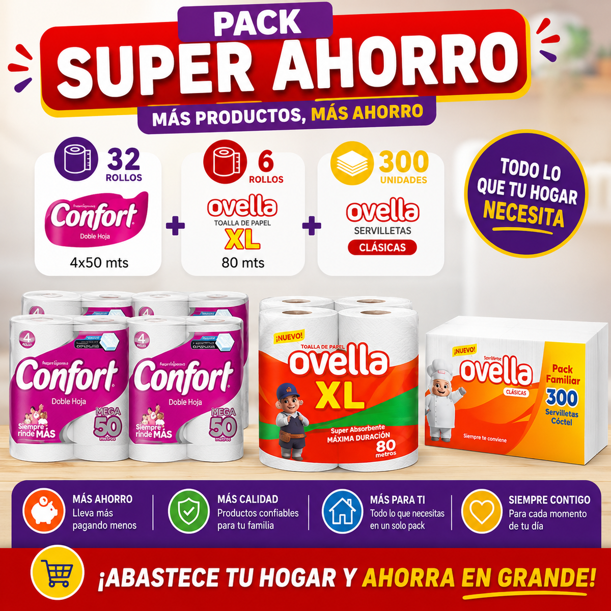 Pack Super Ahorro Papel higiénico Confort 4x50 mts - 32 rollos + Toalla de Papel Ovella XL 80 mts - 6 rollos + Servilleta
