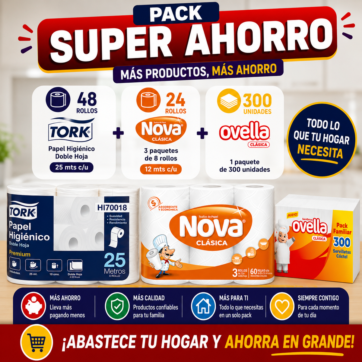 Pack Super Ahorro Papel Hig Tork 6x25 mts - 48 rollos + Toalla de Papel Nova 3x12 mts - 24 rollos + Servilleta Ovella 300