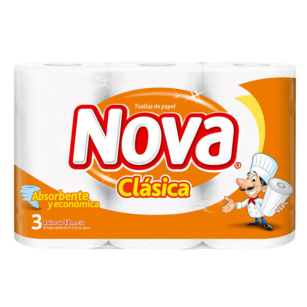 Paquete Toalla Papel Nova Clasica 12 mts 3 unid
