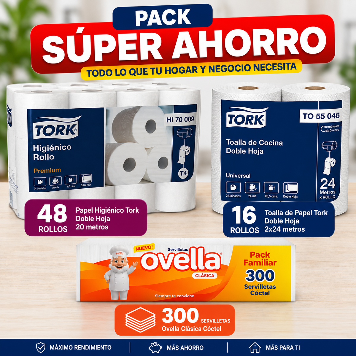 Pack Super Ahorro Papel Higiénico Tork 20 mts - 48 rollos + Toalla de Papel Tork 2x24 - 16 rollos + Servilleta Ovella 300