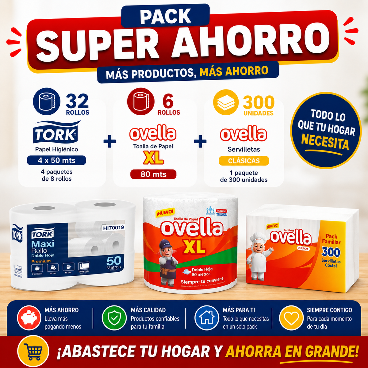 Pack Super Ahorro Papel higiénico Tork 4x50 mts - 32 rollos + Toalla de Papel Ovella XL 80 mts - 6 rollos + Servilleta Ovella