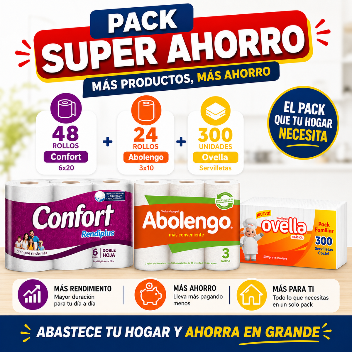 Pack Super Ahorro Papel higiénico Confort 6x20 - 48rollos + Toalla de Papel Abolengo mini 3x10 - 24 rollos + Servilleta