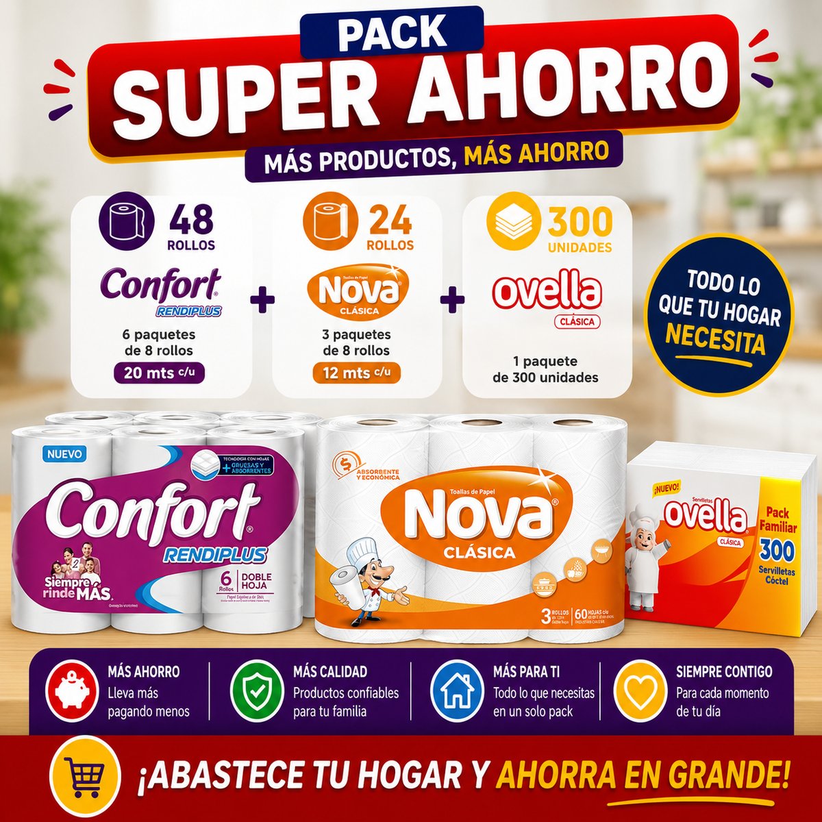 Pack Super Ahorro Papel Hig Confort 6x20 mts - 48 rollos + Toalla de Papel Nova 3x12 mts - 24 rollos + Servilleta Ovella 300