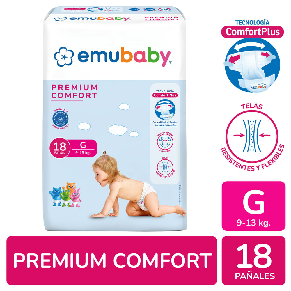 Pañales Emubaby Premium Comfort Talla G, 18 Unidades