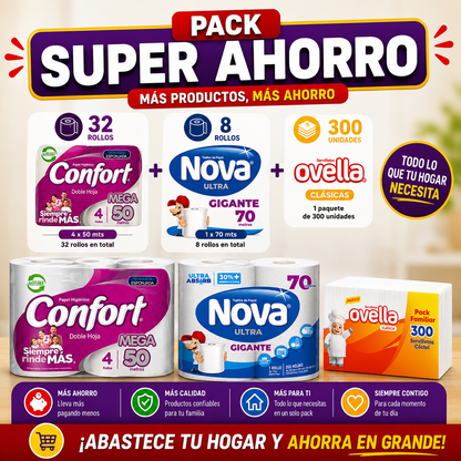 Pack Super Ahorro Papel Higienico Confort 4x50 - 32 rollos + Toalla de Papel Nova 70 - 8 rollos  + Servilleta