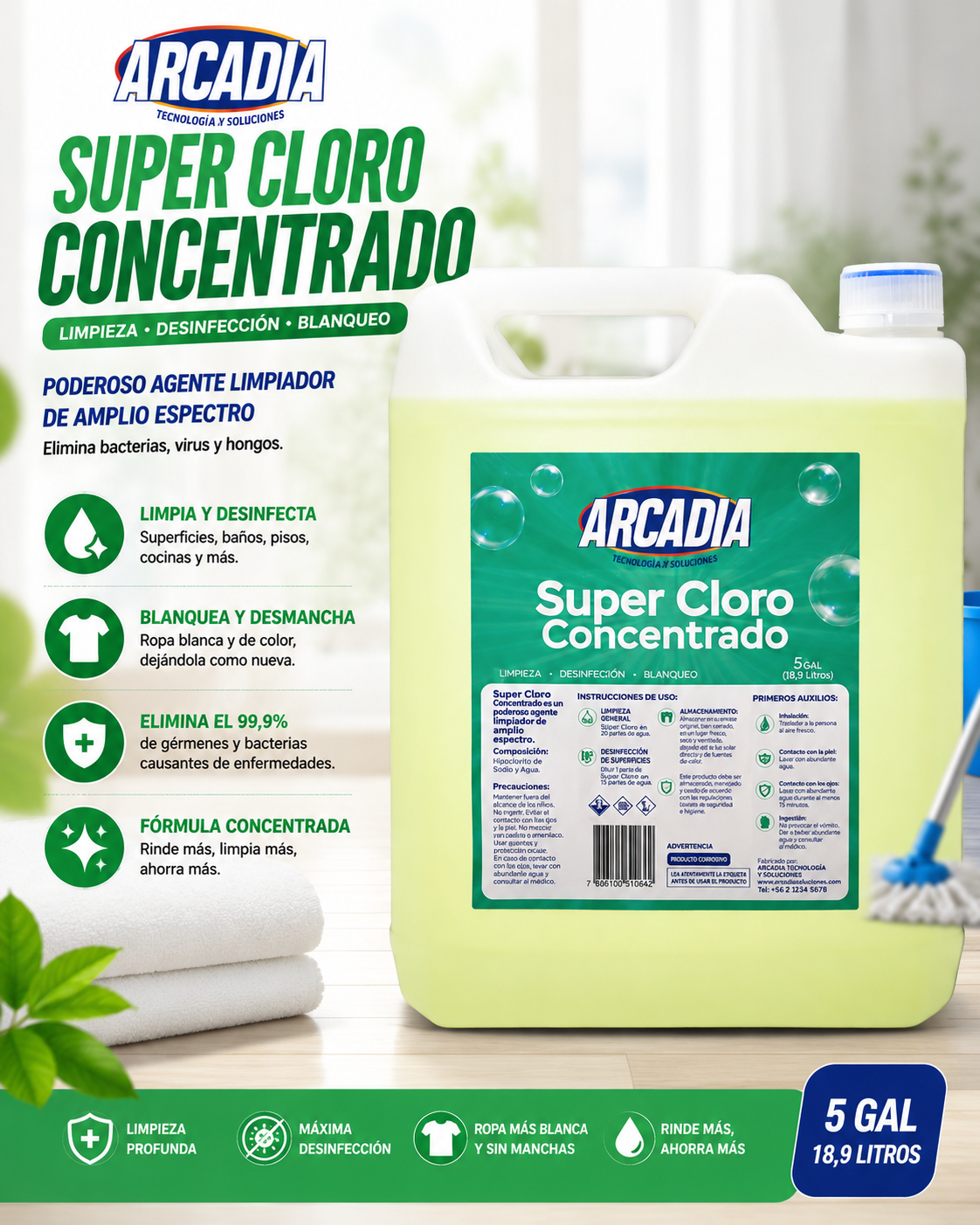 Cloro Desinfectante Concentrado Arcadia 5L al 5%