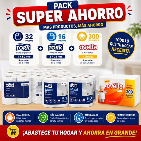 Pack Super Ahorro Papel Hig Tork 4x50 mts - 32 rollos + Toalla de Papel Tork 2x24 mts - 16 rollos + Servilleta Ovella 300 unid