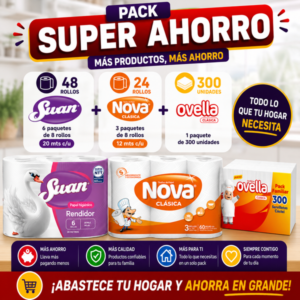 Pack Super Ahorro Papel Hig Swan 6x20 mts - 48 rollos + Toalla de Papel Nova 3x12 mts - 24 rollos + Servilleta Ovella 300 unid