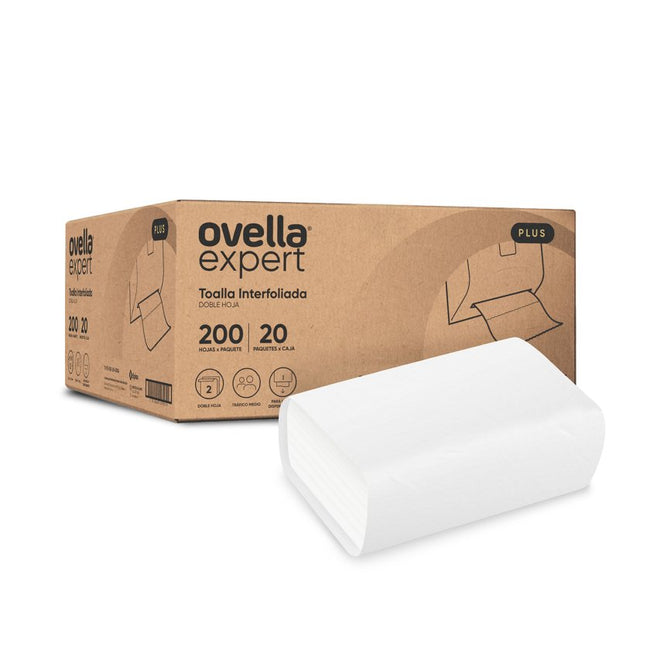 Toalla de Papel Ovella Interfoliada Plus 20 Paquetes de 200 Unidades Doble Hoja