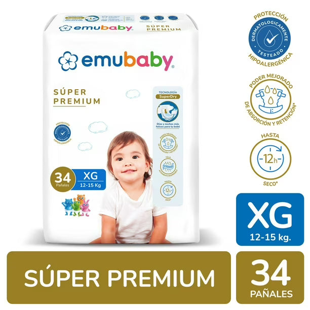 Pack Promocional Pañales Emubaby 102 pañales Talla XG + 10 Paquetes de Toallitas Humedas Emubaby Water 55 unid