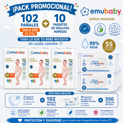 Pack Promocional Pañales Emubaby 102 pañales Talla XXG + 10 Paquetes de Toallitas Humedas Emubaby Water 55 unid