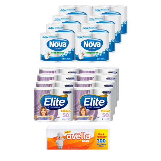 PACK PAPEL HIGIENICO ELITE 4X50 MTS + TOALLA DE PAPEL NOVA ULTRA 2X24 + SERVILLETA OVELLA 300 UNID