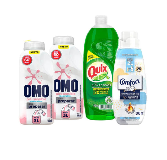 Pack 2 un. Detergente Líquido Omo Diluible 500 ml + Quix 500 ml + Comfort 500 ml