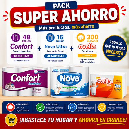 Pack Super Ahorro Papel Higienico Confort 6x20 - 48 rollos+ Toalla de Papel Nova Ultra 2x24 - 16 rollos + 1 Servilleta 300 unid