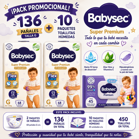 Pack Promocional 136 Pañales Babysex uper Premium G + 10 Toallitas Humedas Babysec Agua de 45 unid