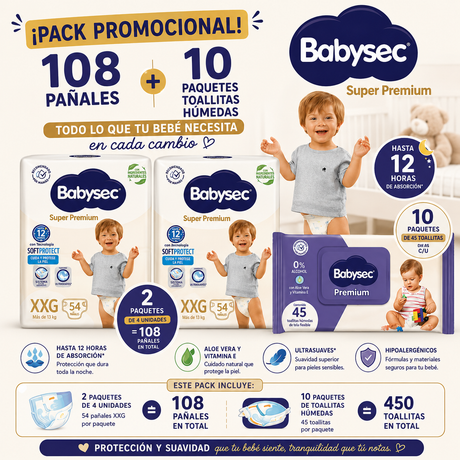 Pack Promocional 108 Pañales Babysec XXG + 10 Toallitas Humedas Babysec agua de 45 unid