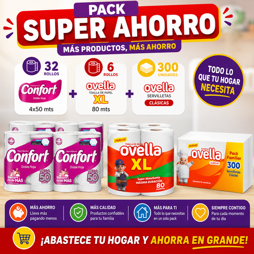 Pack Super Ahorro Papel Hig Confort 4x50 mts - 32 rollos + Ovella XL 80 mts - 6 rollos + Servilleta Ovella 300 unid.