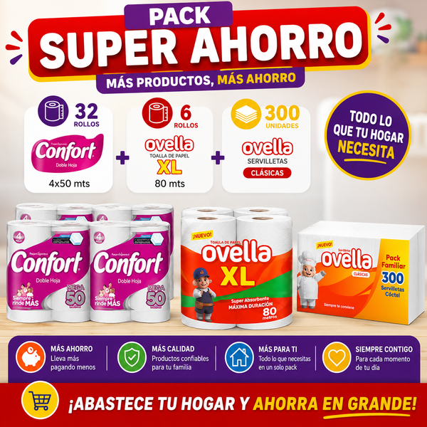 Pack Super Ahorro Papel Hig Confort 4x50 mts - 32 rollos + Ovella XL 80 mts - 6 rollos + Servilleta Ovella 300 unid