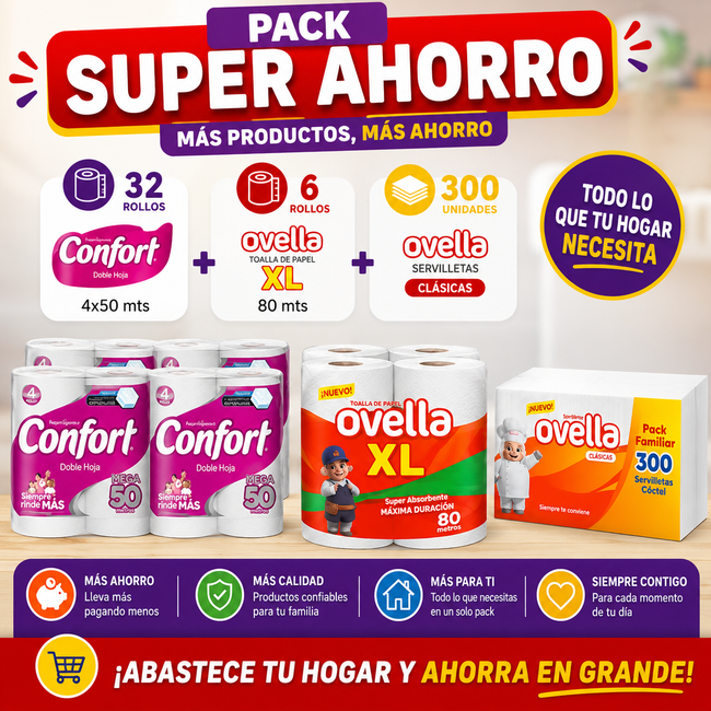 Pack Super Ahorro Papel Hig Confort 4x50 mts - 32 rollos + Ovella XL 80 mts - 6 rollos + Servilleta Ovella 300 unid