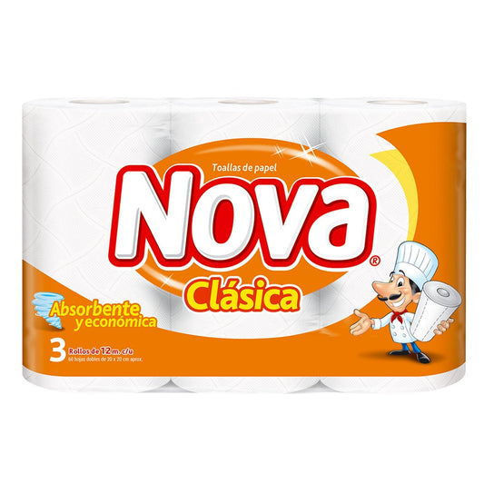 Paquete Toalla Papel Nova Clasica 12 mts 3 unid