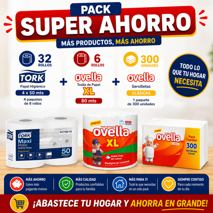 Pack Super Ahorro Papel Hig Tork 4x50 mts - 32 rollos + Toalla de Papel Ovella XL 80 mts - 6 rollos + Servilleta Ovella 300 unid