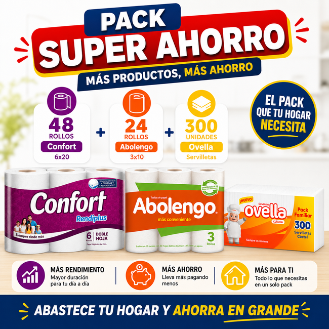 Pack Super Ahorro Papel higienico Confort 6x20 -48rollos + Toalla de Papel Abolengo mini 3x10 -24 rollos + Servilleta Ovella 300 unid