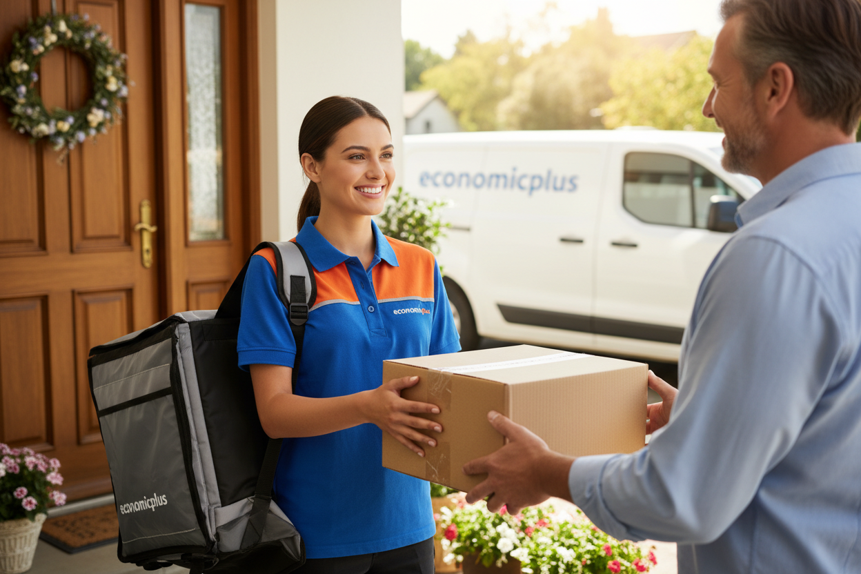 entrega de productos un repartido sonriente con el logo de economicplus entregando una caja