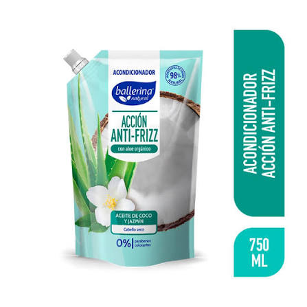 Acondicionador Ballerina Anti Frizz sin sal coco y jazmín 750 ml