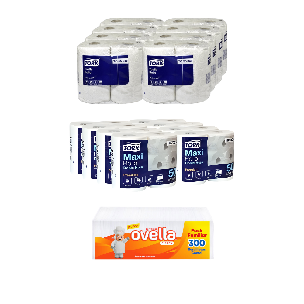 PACK PAPEL HIGIENICO TORK 50 MTS + TOALLA TORK 2X24 MTS + SERRVILLETA ovella 300 unid