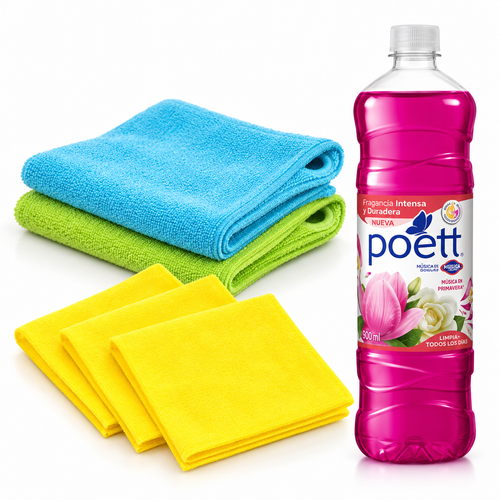 Kit limpieza de pisos: traperos + paños + Poett 900 ml